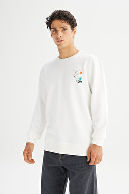 Regular Fit Normal Kesim Bisiklet Yaka Baskılı Kırık Beyaz Sweatshirt - Off White-L2520361102 (görsel 3)