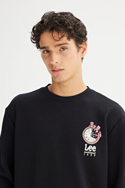 Regular Fit Normal Kesim Bisiklet Yaka Baskılı Siyah Sweatshirt - Black-L2520363001 (görsel 4)