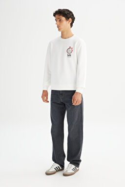 Regular Fit Normal Kesim Bisiklet Yaka Baskılı Kırık Beyaz Sweatshirt - Off White-L2520363102 (görsel 2)
