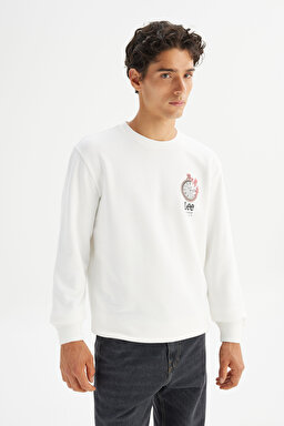 Regular Fit Normal Kesim Bisiklet Yaka Baskılı Kırık Beyaz Sweatshirt - Off White-L2520363102 (görsel 3)