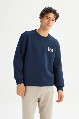 Regular Fit Normal Kesim Bisiklet Yaka İçi Polarlı Lacivert Minimal Logo Sweatshirt - Rivet Navy-L2520365607 (görsel 3)
