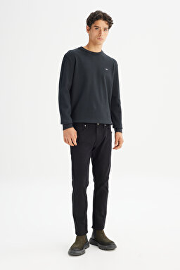 %100 Pamuk Regular Fit Normal Kesim Bisiklet Yaka Logo Detaylı Sweatshirt - Black-L2520367001 (görsel 2)