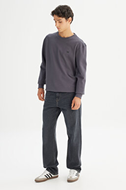 %100 Pamuk Regular Fit Normal Kesim Bisiklet Yaka Logo Detaylı Sweatshirt - Gray-L2520367035 (görsel 2)