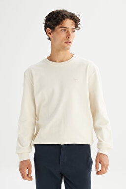 %100 Pamuk Regular Fit Normal Kesim Bisiklet Yaka Patch Logo Siyah Sweatshirt - Beige-L2520367614 (görsel 3)