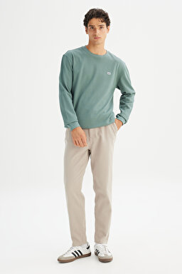 %100 Pamuk Regular Fit Normal Kesim Bisiklet Yaka Logo Detaylı Sweatshirt - KHAKI-L2520367801 (görsel 2)