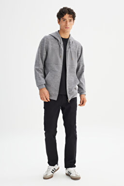Regular Fit Normal Kesim Kapüşonlu Cepli İçi Polarlı Fermuarlı Sweatshirt - Gray-L2520370035 (görsel 2)