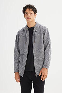 Regular Fit Normal Kesim Kapüşonlu Cepli İçi Polarlı Fermuarlı Sweatshirt - Gray-L2520370035 (görsel 3)