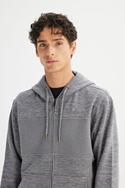 Regular Fit Normal Kesim Kapüşonlu Cepli İçi Polarlı Fermuarlı Sweatshirt - Gray-L2520370035 (görsel 4)