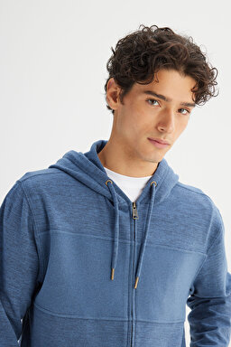 Regular Fit Normal Kesim Cepli İçi Polarlı Kapüşonlu Fermuarlı Sweatshirt - Blue-L2520370400 (görsel 4)