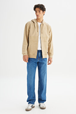 Regular Fit Normal Kesim Kapüşonlu Cepli İçi Polarlı Sweatshirt - Beige-L2520370614 (görsel 2)