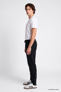 Regular Fit Normal Kesim Ribanalı Paça Siyah Sweatpant Eşofman Altı - Black-L2520371001 (görsel 2)