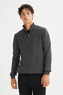 Pamuklu Regular Fit Normal Kesim Dik Yaka Triko Kazak - Anthracita-L2520372003