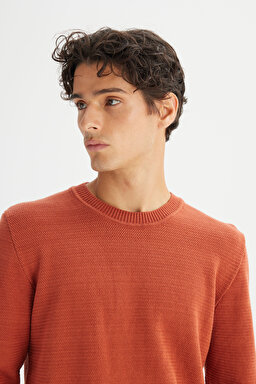%100 Pamuk Regular Fit Normal Kesim Bisiklet Yaka Triko Kazak - Brick-L2520373222 (görsel 4)