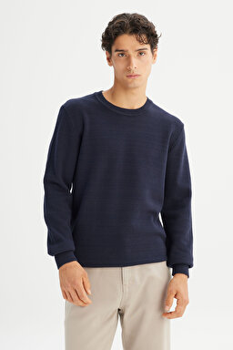 %100 Pamuk Regular Fit Normal Kesim Bisiklet Yaka Triko Kazak - Navy-L2520373410