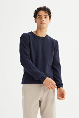 %100 Pamuk Regular Fit Normal Kesim Bisiklet Yaka Triko Kazak - Navy-L2520373410 (görsel 3)