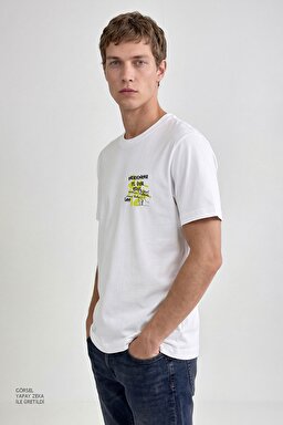 %100 Pamuk Nefes Alabilir Kumaş Regular Fit Normal Kesim Bisiklet Yaka Tişört - White-L2610011100