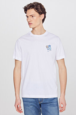 %100 Pamuk Regular Fit Normal Kesim Bisiklet Yaka Logo Detaylı Tişört - White-L2610014100