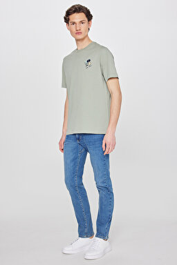 %100 Pamuk Regular Fit Normal Kesim Bisiklet Yaka Logo Detaylı Tişört - Turquoise-L2610014306 (görsel 3)