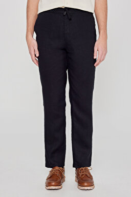 %100 Keten Regular Fit Normal Kesim Cepli Pantolon - Black-L2610018001 (görsel 3)