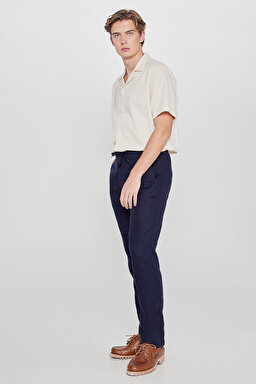 %100 Keten Regular Fit Normal Kesim Cepli Pantolon - Navy-L2610018410