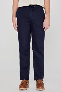 %100 Keten Regular Fit Normal Kesim Cepli Pantolon - Navy-L2610018410 (görsel 3)