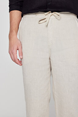 %100 Keten Regular Fit Normal Kesim Cepli Pantolon - Beige-L2610018614 (görsel 5)
