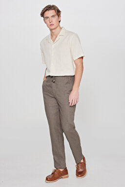 %100 Keten Regular Fit Normal Kesim Cepli Pantolon - Khaki-L2610018801