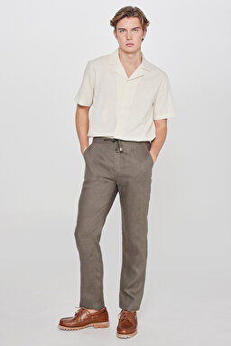 %100 Keten Regular Fit Normal Kesim Cepli Pantolon - Khaki-L2610018801 (görsel 2)