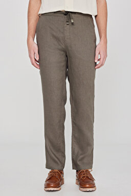 %100 Keten Regular Fit Normal Kesim Cepli Pantolon - Khaki-L2610018801 (görsel 3)