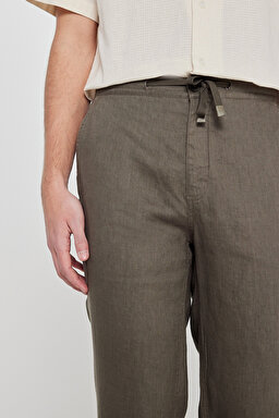 %100 Keten Regular Fit Normal Kesim Cepli Pantolon - Khaki-L2610018801 (görsel 5)