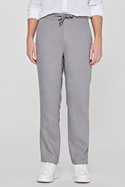 %100 Keten Regular Fit Normal Kesim Cepli Pantolon - Dark Grey-L261001893 (görsel 3)