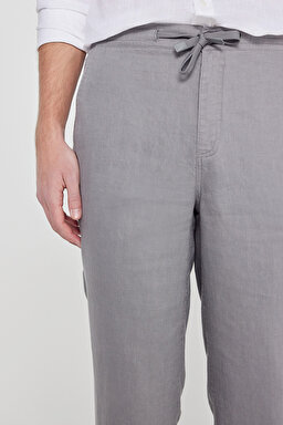 %100 Keten Regular Fit Normal Kesim Cepli Pantolon - Dark Grey-L261001893 (görsel 5)