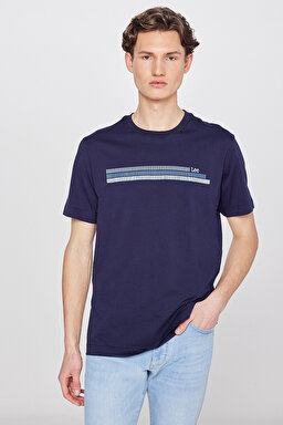 %100 Pamuk Regular Fit Normal Kesim Bisiklet Yaka Logo Detaylı Tişört - Navy-L2610020410 (görsel 2)
