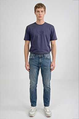 %100 Pamuk Relaxed Fit Rahat Kesim Logo Detaylı Tişört - Navy-L2610041410 (görsel 4)