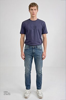 %100 Pamuk Relaxed Fit Rahat Kesim Logo Detaylı Tişört - Navy-L2610041410 (görsel 4)