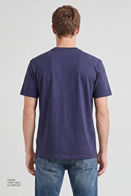 %100 Pamuk Relaxed Fit Rahat Kesim Logo Detaylı Tişört - Navy-L2610041410 (görsel 5)