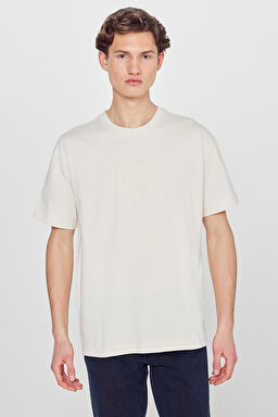 %100 Pamuk Relaxed Fit Rahat Kesim Logo Detaylı Tişört - Beige-L2610041614