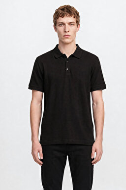 %100 Pamuk Regular Fit Normal Kesim Polo Yaka Tişört - Black-L2610130001 (görsel 3)