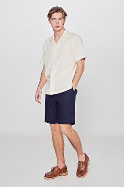 %100 Keten Regular Fit Normal Kesim Cepli Şort - Blue-L2610147400 (görsel 2)