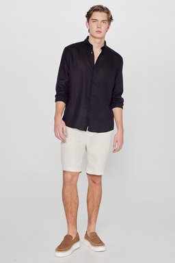%100 Keten Regular Fit Normal Kesim Cepli Şort - Beige-L2610147614 (görsel 2)