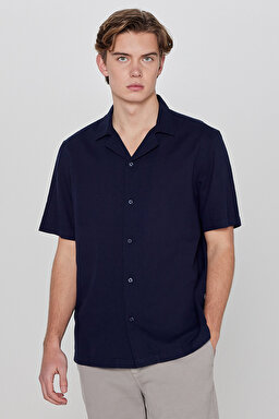 %100 Pamuk Relaxed Fit Rahat Kesim Kısa Kollu Gömlek - Navy-L2610155410