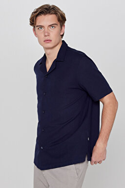 %100 Pamuk Relaxed Fit Rahat Kesim Kısa Kollu Gömlek - Navy-L2610155410 (görsel 2)