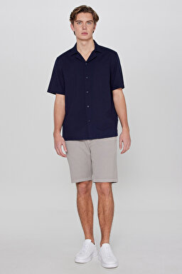 %100 Pamuk Relaxed Fit Rahat Kesim Kısa Kollu Gömlek - Navy-L2610155410 (görsel 3)