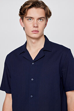 %100 Pamuk Relaxed Fit Rahat Kesim Kısa Kollu Gömlek - Navy-L2610155410 (görsel 4)