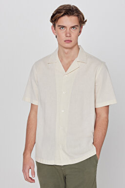 %100 Pamuk Relaxed Fit Rahat Kesim Kısa Kollu Gömlek - Beige-L2610155614 (görsel 2)
