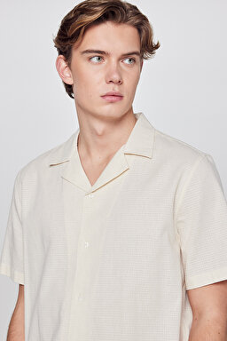 %100 Pamuk Relaxed Fit Rahat Kesim Kısa Kollu Gömlek - Beige-L2610155614 (görsel 4)