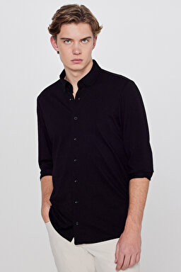 Pamuklu Slim Fit Dar Kesim Klasik Yaka Örme Gömlek - Black-L2610157001 (görsel 2)
