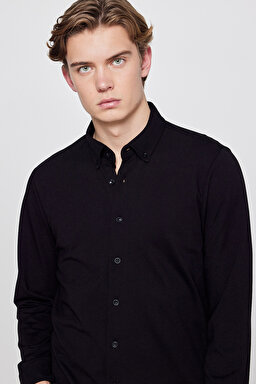 Pamuklu Slim Fit Dar Kesim Klasik Yaka Örme Gömlek - Black-L2610157001 (görsel 4)