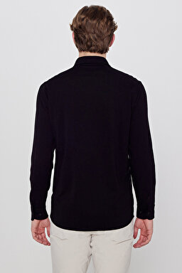 Pamuklu Slim Fit Dar Kesim Klasik Yaka Örme Gömlek - Black-L2610157001 (görsel 5)