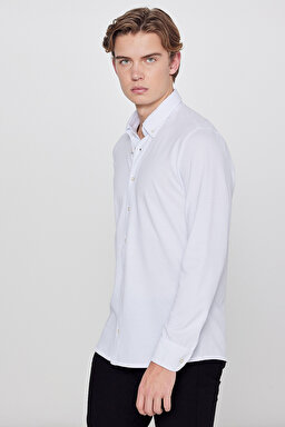 Pamuklu Slim Fit Dar Kesim Klasik Yaka Örme Gömlek - White-L2610157100 (görsel 2)